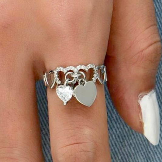 Jova NYC - Dangling Double Hearts Ring (Silver)